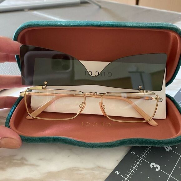 Gucci 56mm Flip-up Rectangle Unisex Sunglasses Dark Grey / Gold - Picture 1 of 8